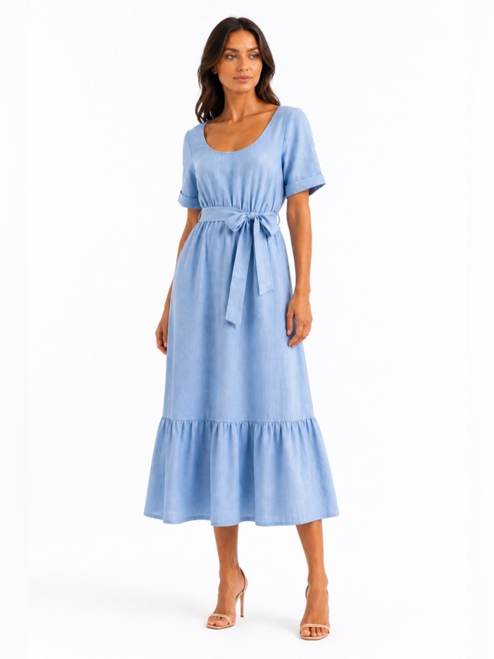 Iris & Ink Blue Linen Blend Coastal Midi Dress Size 10 NWT